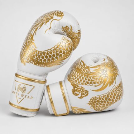Home White and gold boxing gloves with dragon design — Wani Wear wholesale competition gloves