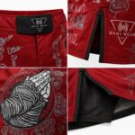 MMA fight shorts close-up details: waistband logo patch, side-split stitching, and sublimated graphic