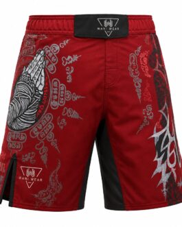Sak Yant praying hands MMA fight shorts, angled side view, red sublimated fabric