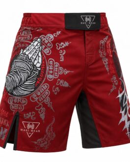 Red and black Sak Yant praying hands MMA fight shorts, front view, custom sublimated design