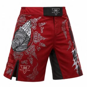 Home Red and black Sak Yant praying hands MMA fight shorts, front view, custom sublimated design