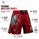 Premium MMA fight shorts feature infographic showing hook-and-loop waistband, sublimated graphics, and reinforced stitching