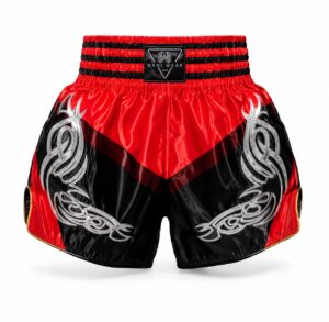 Home Close-up of Muay Thai shorts embroidery, stitching and waistband detail - Wani Wear manufacturer