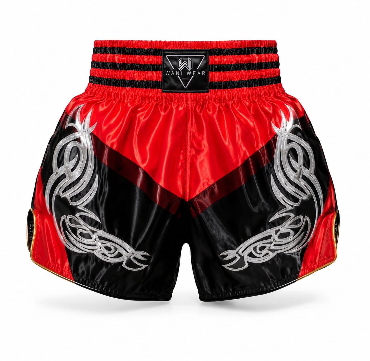 Custom Muay Thai Shorts – Wholesale Boxing & Kickboxing Fight Shorts Manufacturer Close-up of Muay Thai shorts embroidery, stitching and waistband detail - Wani Wear manufacturer