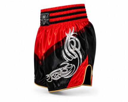 Home Custom Muay Thai fight shorts side view showing deep side slit and satin fabric - Wani Wear
