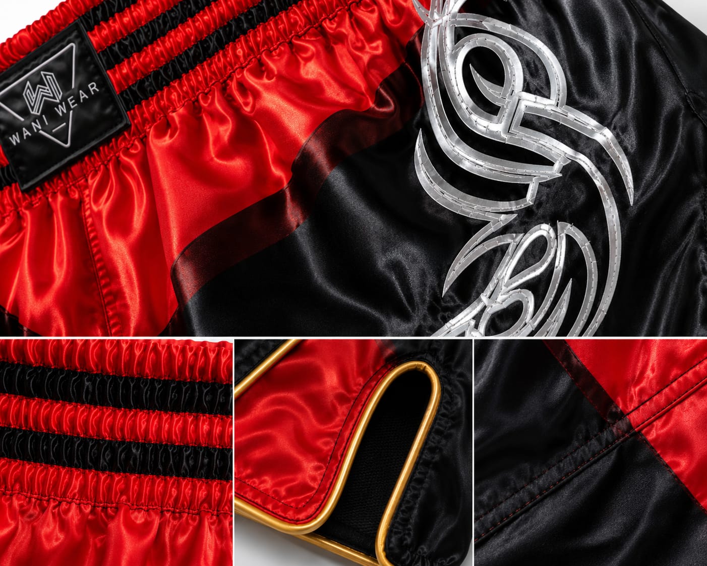 Custom Muay Thai Shorts – Wholesale Boxing & Kickboxing Fight Shorts Manufacturer Custom red and black Muay Thai shorts front view with tribal embroidery design - Wani Wear