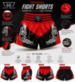 Wani Wear premium Muay Thai fight shorts infographic showing satin fabric, sublimation printing, embroidery and elastic waistband features