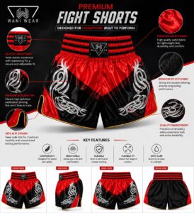 Custom Muay Thai Shorts – Wholesale Boxing & Kickboxing Fight Shorts Manufacturer Wani Wear premium Muay Thai fight shorts infographic showing satin fabric, sublimation printing, embroidery and elastic waistband features
