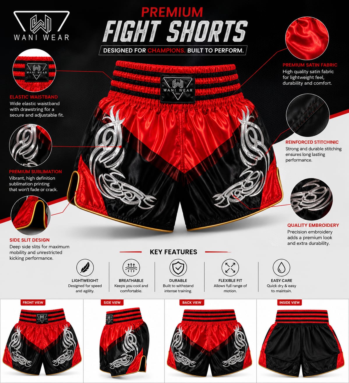 Custom Muay Thai Shorts – Wholesale Boxing & Kickboxing Fight Shorts Manufacturer Wani Wear premium Muay Thai fight shorts infographic showing satin fabric, sublimation printing, embroidery and elastic waistband features