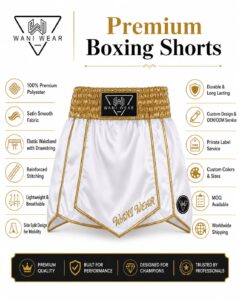 Wani Wear Custom Boxing Trunks Wani Wear premium boxing shorts infographic showing fabric, stitching, and customization features
