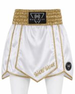 White and gold satin boxing shorts front view with Wani Wear branding and gold trim