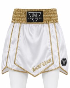 Home White and gold satin boxing shorts front view with Wani Wear branding and gold trim