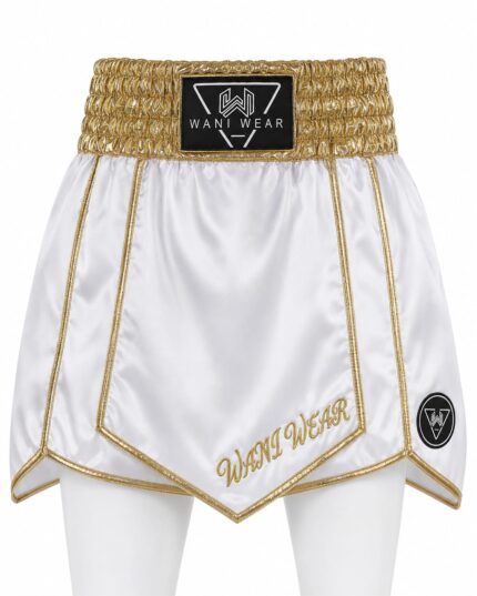 Home White and gold satin boxing shorts front view with Wani Wear branding and gold trim