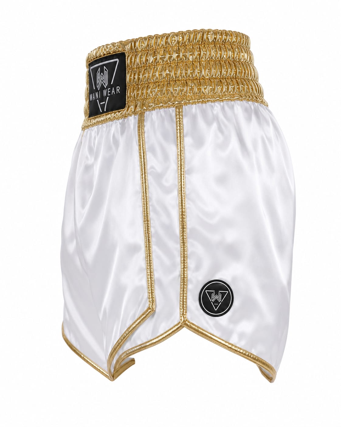 Wani Wear Custom Boxing Trunks White and gold satin boxing shorts side view showing gold trim and side-split hem