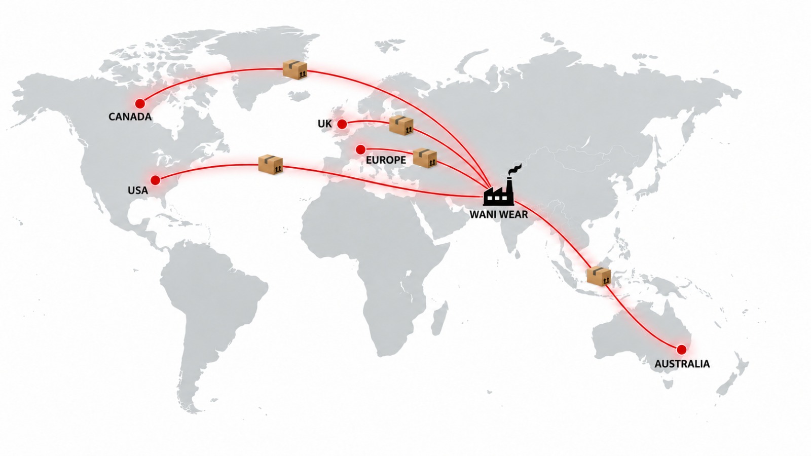 Free worldwide shipping routes from Wani Wear to the USA, UK, Canada, Europe and Australia